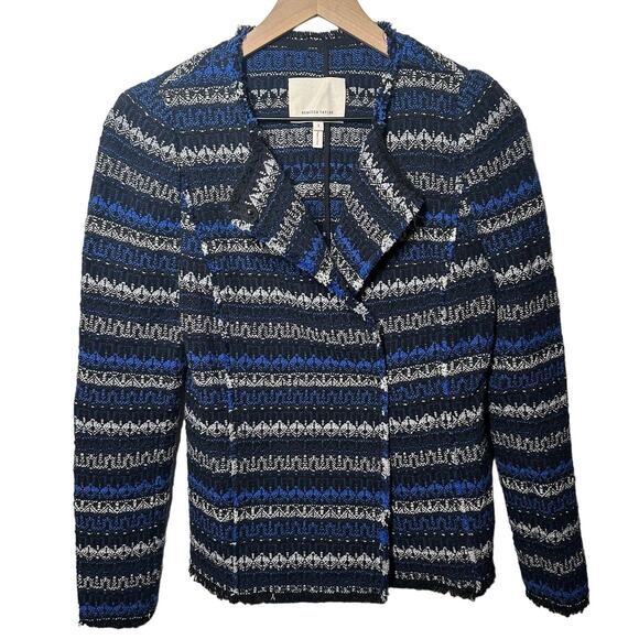 Rebecca Taylor Navy Striped Tweed Fringe-Hem Jacket Size 2 - Picture 3 of 10